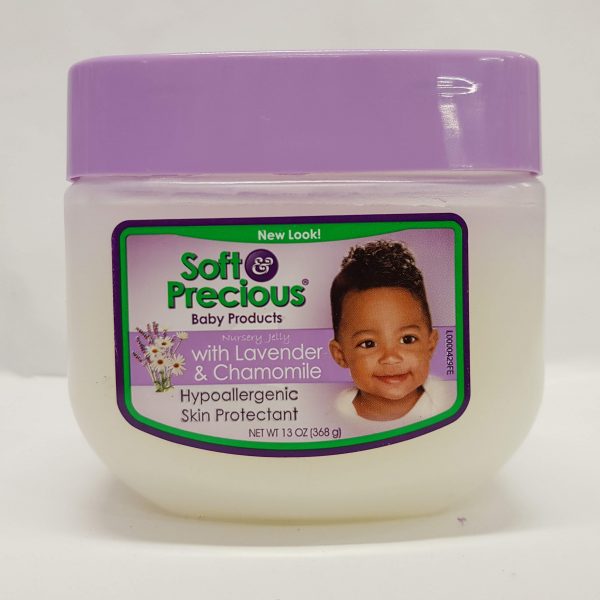 SOFT & PRECIOUS BABY PRODUCTS (HYPOALLERGENIC SKIN PROTECT-ANT) NURSERY JELLY WITH LAVENDER AND CHAMOMILE Soft and Precious Lavender and Chamomile Nursery Jelly is lightly scented and smooth enough to provide a gentle, soothing blanket of protection against the discomforts of diaper rash. USES Temporarily protects minor cuts, scrapes, burns. Temporarily protects and helps relieve chapped or cracked skin and lips. Helps protect from the drying of wind and cold weather. Directions Apply as needed. Warning For external use only. When using this product do not get into eyes. Do not use deep or puncture wounds, animal bites, serious burns.If swallowed, get medical help or contact a poison control center right away. Stop use and ask doctor if condition worsens symptoms longer than 7 days or clear up and occur again within a few days. Keep out of reach of children.