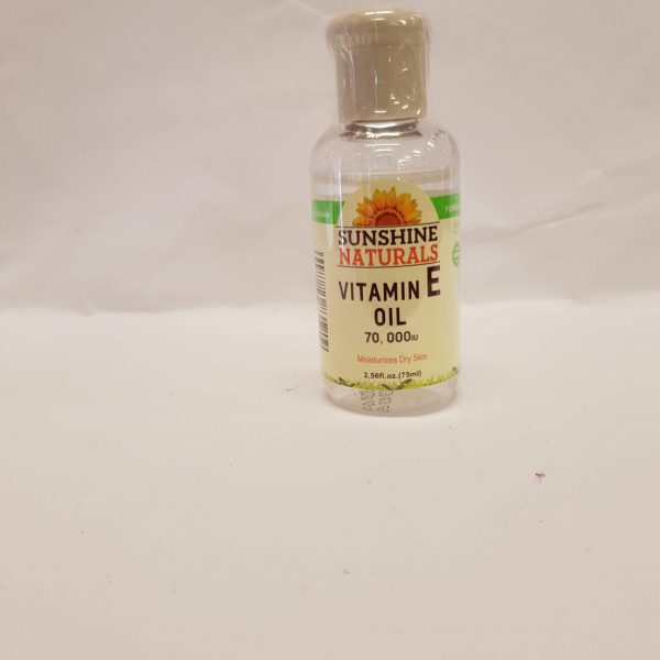 Sunshine Natural Vitamin E Oil . Enjoy the moisturizing benefits of our luxuriously pure Vitamin E Oil which is so pure, it's clear. This penetrating oil provides your skin with all the benefits of pure Vitamin E, thoroughly moisturizing dry skin and helping to minimize the appearance of fine lines and wrinkles.
